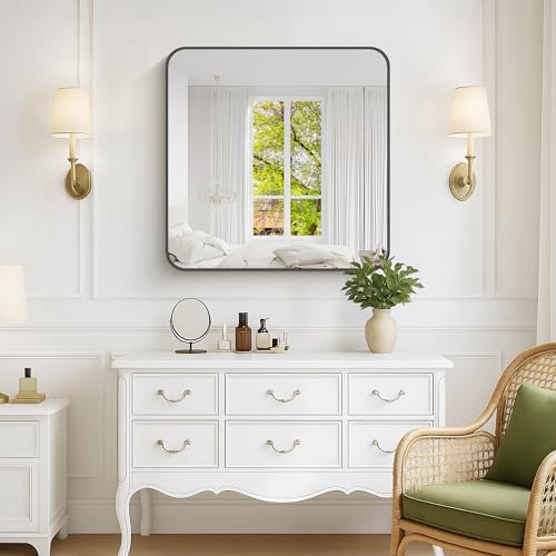 Image of KOCUUY Bathroom Mirror 30 inchx30 inch, Black Square Mirrors for Over Sink, Modern Vanity Mirror with Rounded Corner Metal Frame, Shatterproof Designed Wall Mirror for Bedroom, Living Room, Entryway