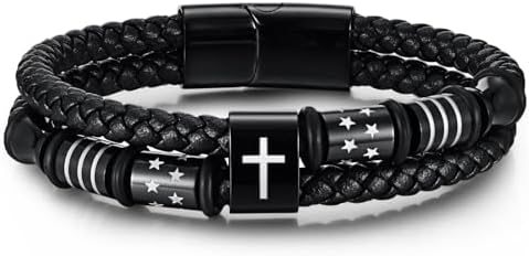 American Flag Cross Bracelet for Men, Handmade Black Braided Leather Mens Christian Gifts Wrist Cuff Bracelet, Patriotic Military First Communion Confirmation Baptism Easter Christmas Jewelry Gift