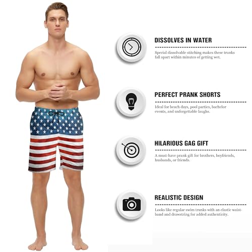 Men's Dissolving Swim Trunks 4th of July Dissolvable Bathing Suit Funny Swim Shorts Gag Prank Gift for Boyfriend4