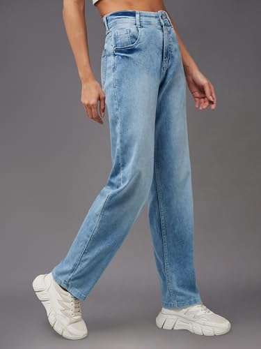 Image of Miss Chase Women's Wide-Leg Fit High Rise Regular Length Stretchable Denim Jeans (MCSS22DEN12-16-350-30, Baby Blue, 30)