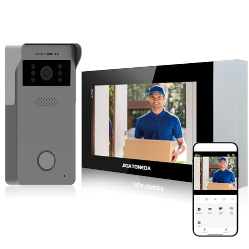 JIGATONEDA Video Türklingel mit Kamera, WiFi Verbindung Video Türklingel mit Gegensprechanlage, Bewegungsmelder Türklingel für Sicherheit, IP65 Wetterfest, 7 Zoll Touchscreen, 1080P