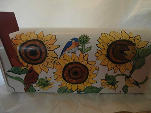 Hand painted standard metal mailbox in sunflowers and birds