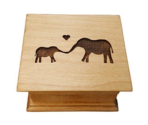 Mother's day gift, Custom engraved wooden music box with an elephant family on the top with your customized message on the bottom side of the box, with your choice of color and song