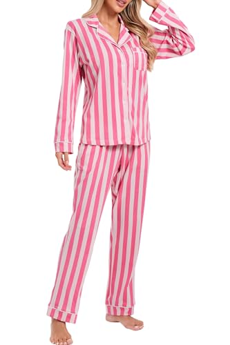 Image of LUBOT 100% Cotton Pajamas for Women Pajama Set 2 Piece PJ Sleepwear Set Soft Ladies Button Knit Long Sleeve Loungewear XS-XXL