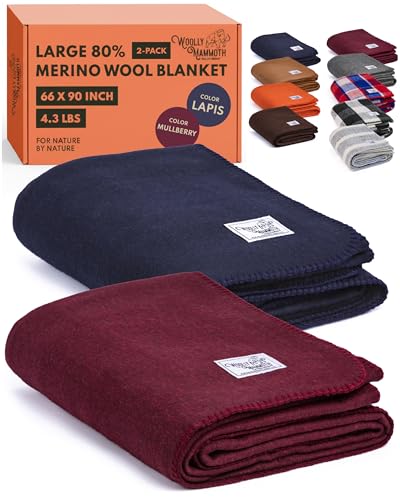 Image of Woolly Mammoth 80% Merino Wool Camping Blanket 2-Pack - Naturally Fire-Resistant and Temperature-Regulating - for Cold Weather, Camping, Bushcraft and Emergency Car Kits (66 inch x 90 inch, Lapis & Mulberry)