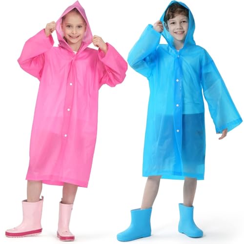 Opret 2 Pack Raincoats for Kids, Reusable Rain Ponchos with Hood and Sleeves Children Waterproof Rain Coats for Boys and Girls, Blue and Pink