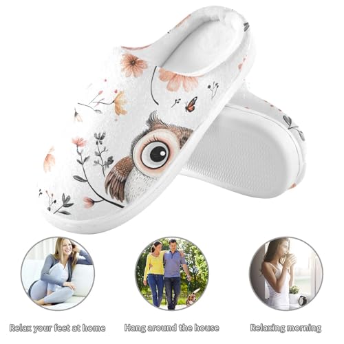 JUNZAN Cartoon Sweet Owls White Womens Cotton House Slippers Non Slip Memory Foam Hotel Slippers for Hospital Funny Presents 6-73