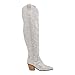 MUCCCUTE Silver Thigh High Boots for Women Over The Knee Cowboy Boots Rhinestone Sparkly Glitter Pointed Toe Chunky Heels Side Zipper Wedding Party Size 8