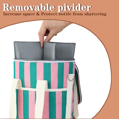 EMBRUNIOICE 4 Bottle Wine Tote Bag - Leakproof & Insulated Wine Carrier Travel Padded Wine Cooler Bag, Picnics, Beach & Parties, Stylish Gift for Wine Lovers (Green and Pink Stripe) — view 5
