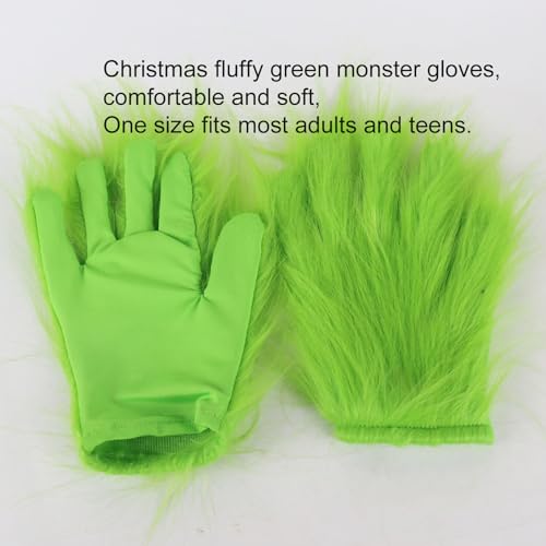 Red Christmas Santa Hat with Green Gloves, Fluffy Costume for Xmas Halloween Cosplay Party (Xmas Hat and Green Hands Set)4