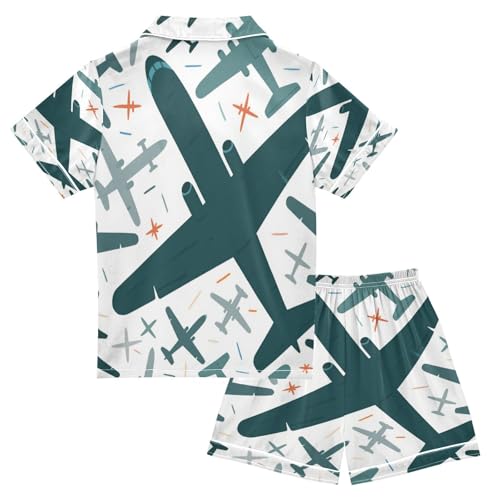 Satin Pajama Sets Short Sleeve Airplane Pattern with Stars Background Button Down Silky Nightwear 2 Piece PJS 5-14Y2