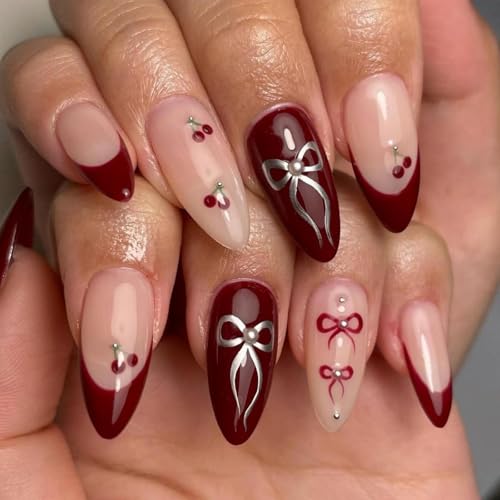 Image of Red French Tip Press on Nails Cherry Fake Nails Short Almond False Nails with Pearl Design Bow Glue on Nail Glossy Artificial Acrylic Full Cover Nude Stick on Nail for Women Manicure 24Pcs