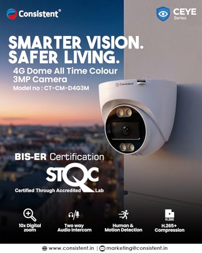 Image of Consistent 4G Dome Indoor CCTV Camera | STQC Certified | All Time Color | Night Vision | Two Way Audio | Human Detection | 4G SIM Supports | Upto 256GB Memory Card Cloud Storage | Alexa