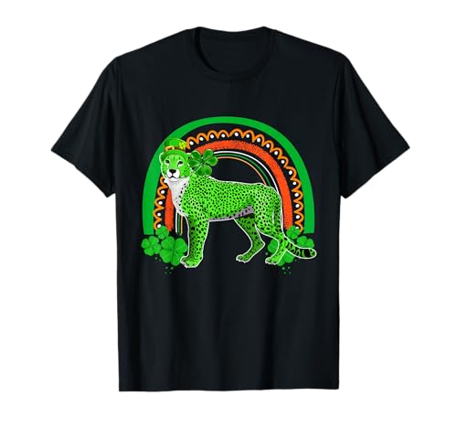 San Patricio Día Cheetah Holding Shamrock Clovers Rainbow Camiseta