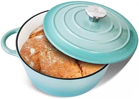 Trustmade Cast Iron Dutch Oven, 3QT Enamel Coated Cookware Pot with Self Basting Lid for Home Baking, Braiser, Cooking, Aqua