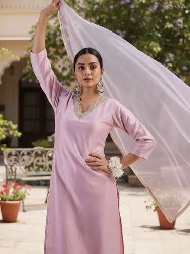 Image of Avanshee Women's Chanderi Cotton Silk with Zari Embroidery Kurta & Silk Crepe Pant Set And Net Dupatta Ethnic Wear Salwar Suit Set (ES 7539)