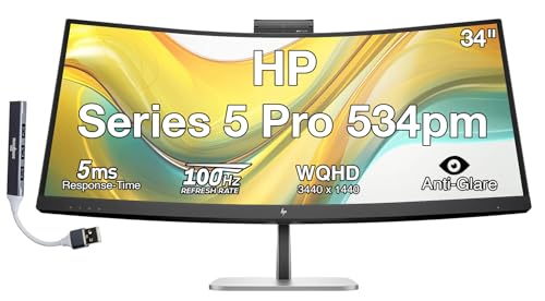 Image of HP Series 5 Pro 534pm 34 inch WQHD USB-C Conferencing Monitor, 5MP Pop-up Webcam, Tilt, Swivel, AI Noise Reduction Speakers, VESA, HDMI & DKZ USB Expander, Black /Silver (9E0Z2UT#ABA)