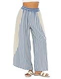 Athlisan Womens Summer Casual Loose Striped Wide Leg Lounge Pants Elastic Waist Palazzo Trousers(Blue-M)