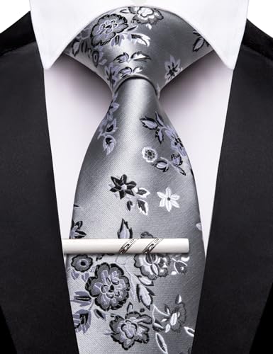 Image of Barry.Wang Floral Ties for Men Flower Necktie with Tie Clip Formal
