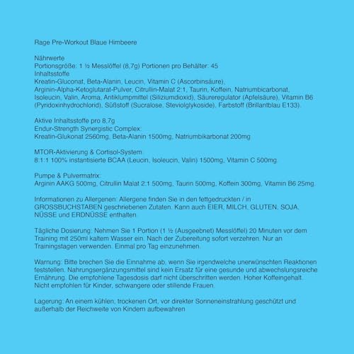 Warrior Rage - Pre-workout Powder - 392g - Energy Drink Supplement with Vitamin C, Beta Alanine and Creatine Gluconate - 45 Servings (Blazin' Blue Raz) - Image 3