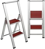Step Ladder 2 Step Folding, Decorative - Beautiful Mahogany & Silver Aluminum, Ultra Slim Profile, Anti Slip Steps, Sturdy-Portable for Home, Office, Kitchen, Photography Use,by SORFEY