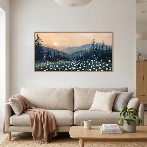 Image of KAIRNE Mountain Floral Landscape Framed Canvas Wall Art Set,Watercolor Forest Wall Decor,Misty Pine Tree Art Prints,Nature Sunset Scenery Artwork for Living Room,Bedroom,Farmhouse,Office-40 x20 x1