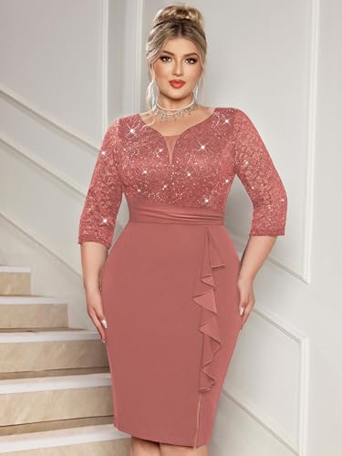 Image of MISSMAY Plus Size Lace Ruffle Cocktail Party Dress | Sequined Dress,V Neck,Ruffle Split Hem,Party Dress,Sparkle,Curvy Women,Bodycon Dress