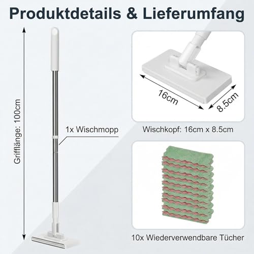 DAILIENFUS NEU Wischmopp mit Druck-Klemm-System: Ohne Händewaschen,1-Knopf-Wechsel, Automatisches Klemmtuch, Bodenwischer mit 10 wiederverwendbaren Mikrofasertüchern für einfache Reinigung