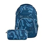 Coocazoo Schulrucksack-Set MATE „Breaking Waves“ 3-teilig, blau, ergonomischer 30L Tornister, mit Brust- und Hüftgurt für Kinder ab der 5. Klasse, inkl. Mäppchen und COLOUR UP-Set