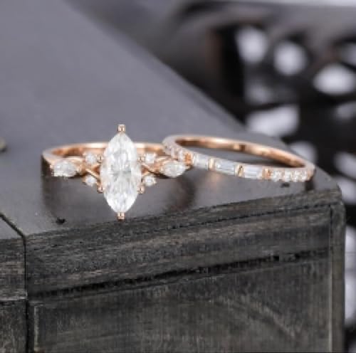 Generic Marquise cut Moissanite engagement ring set Unique Rose gold Baguette cut gemstone wedding band Bridal ring set Anniversary ring for her, Colourless4