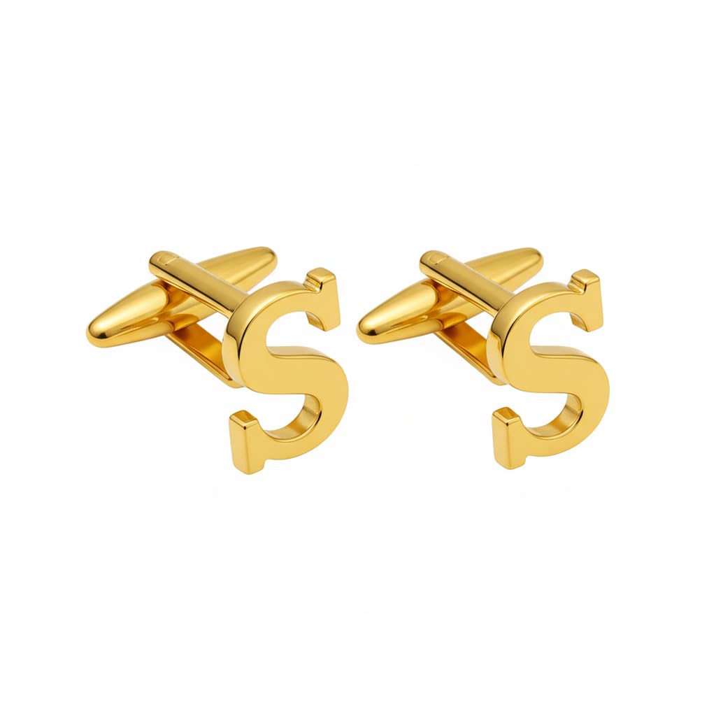 moskai Men's Gold Cufflinks Letter S – Initial Alphabet Cuff Links for Men – Luxury Monogram Shirt Cuff Buttons – Formal Function Business Suit Accessories Gifting-picture-14