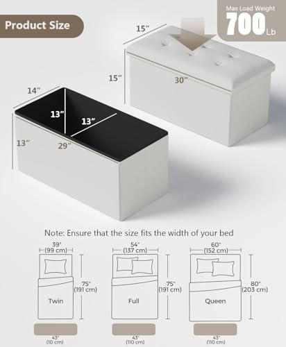 OS MOTOR Storage Ottoman Bench, Folding Ottoman Foot Rest, 15 x 30 x 15 Inches, End of Bed Bench,Storage Chest, for Living Room, Bedroom, Hallway, Entryway, White - Thumbnail 3