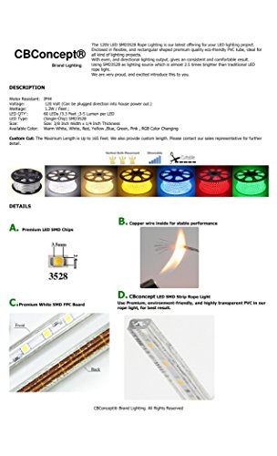 Cbconcept® Ul Listed, 150 Feet, 16500 Lumen, Blue, Dimmable, 110-120V Ac Flexible Flat Led Strip Rope Light, 2760 Units 3528 Smd Leds, Waterproof Ip65, Accessories Included, Size: 0.45 Inch Width X 0.28 Inch Thickness- [Christmas Lighting, Indoor / Outdoor Rope Lighting, Ceiling Light, Kitchen Lighting] [Ready To Use] #TOP3