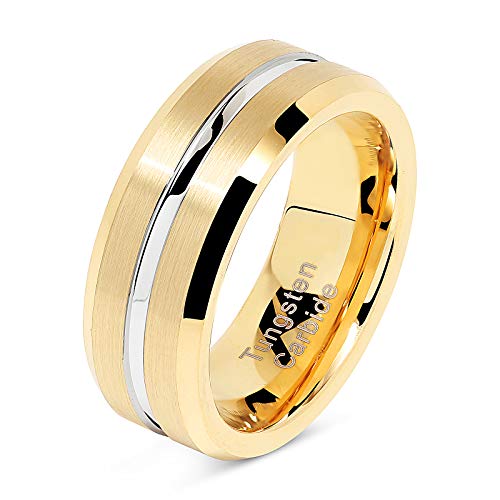 100S JEWELRY Tungsten Rings for Men's Gold Wedding Bands Silver Grooved Two Tone 8mm Wide Size 6-16