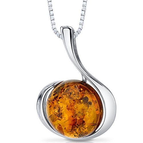 Baltic Amber Large Round Pendant Necklace Sterling Silver Cognac Color