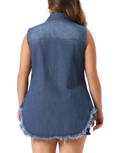 Agnes Orinda Women's Plus Size Button Up Frayed Hem Shacket Sleeveless Denim Jean Jacket Vest4