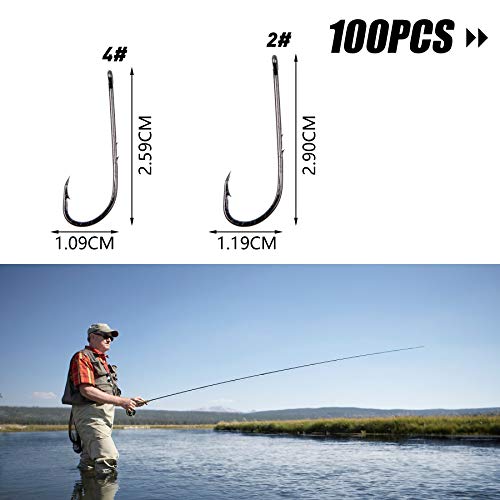 Köderhaken mit Widerhaken, 100 Stück, Karbonstahl, langer Schaft, Köder, Angelhaken, 92247, Schwarz mit 2 Köderhalter… – Bild 5