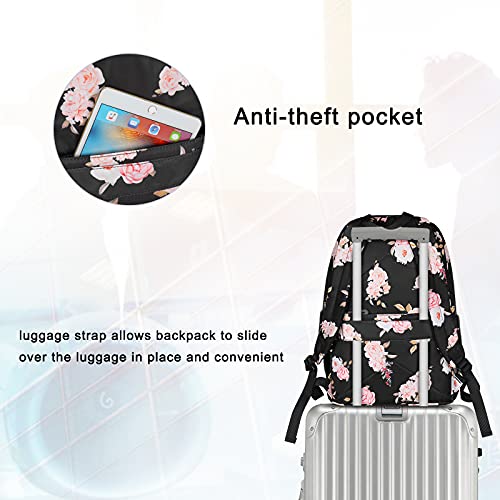 Mosiso 15.6-16 Inch 20L Laptop Backpack For Women, Polyester Anti-Theft Stylish Casual Daypack Bag With Luggage Strap & Usb Charging Port, Peony Travel Business Backpack, Black #TOP3