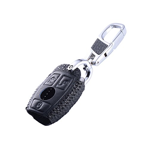 DKMUS Leather Key Cover for Mercedes Benz W203 W204 W210 W211 AMG Class A B C E S ML GL CLA CLK C180 E200 Remote FOB Case Keychain (Luxury Black)