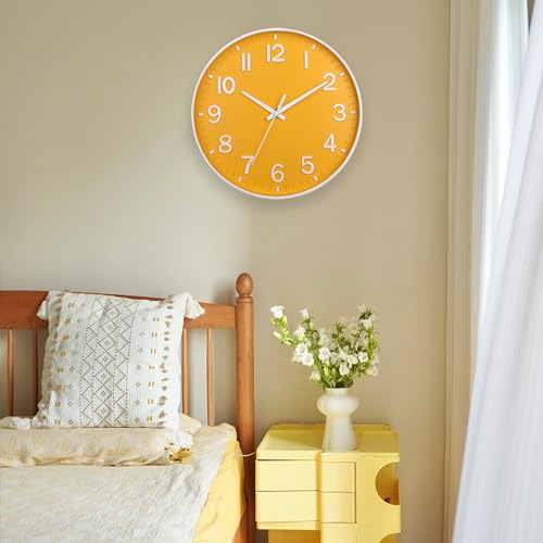 Image of HZDHCLH Yellow Wall Clocks Battery Operated,12 inch Silent Non Ticking Modern Wall Clock for Living Room Bedroom Kitchen Office Classroom Decor