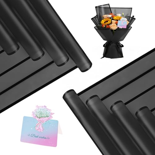 REAXYZNN 20 Sheets Flower Wrapping Paper - Waterproof Black Floral Wrapping Paper for DIY Crafts Florist Supplies Packaging for Wedding Birthday Gift (Translucent Black)
