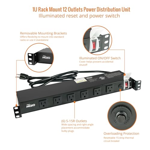Image of Tecmojo 1U Rackmount Network-Grade PDU, 12 Wide-Spaced Right Angle Outlets, Circuit Breaker 12A (UL Certified 12A) 6ft Cord w / 5-15P Plug, Black