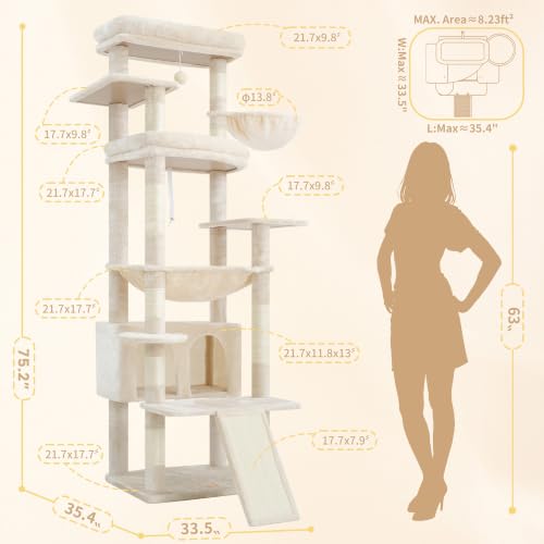 Image of Heybly Tall Cat Tree for Large Cat, 80-inch Multi-Level Cat Tower HCT038M | Condo Furniture for Indoor Cats with Large Baseboard, 2 Widened Plush Perches, Scratching Board, Big Caves, Beige