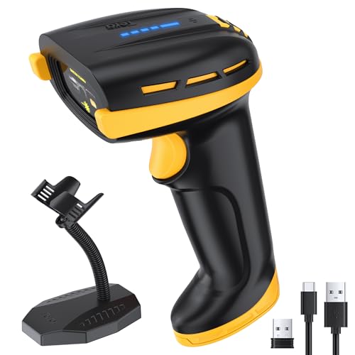 Image of Tera Pro Barcode Scanner with Power Switch Battery Level Indicator 4400mAh Replaceable Battery Wall Mountable Stand 1D 2D QR Works with Bluetooth 2.4G Wireless USB Wired Bar Code Reader D6100 Yellow
