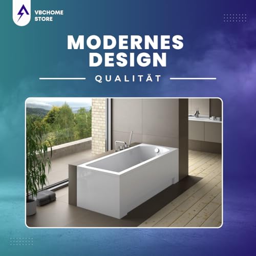 VBChome Badewanne 180x80 cm Acryl SET Schürze Siphon Wanne Rechteck Weiß Design Modern Ablaufgarnitur in Chrom