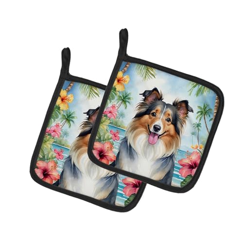Caroline's Treasures Sheltie Luau Pair of Pot Holders Kitchen Heat Resistant Pot Holders Sets Oven Hot Pads for Cooking Baking BBQ, 7 1/2 x 7 1/2