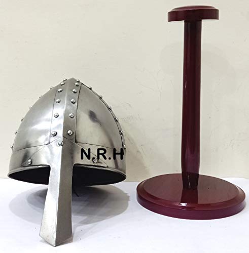 Nautical Replica Hub Medieval Mens Norman Helmet One Size Fits Most Silver Halloween Armor Helmet With Wooden Stand