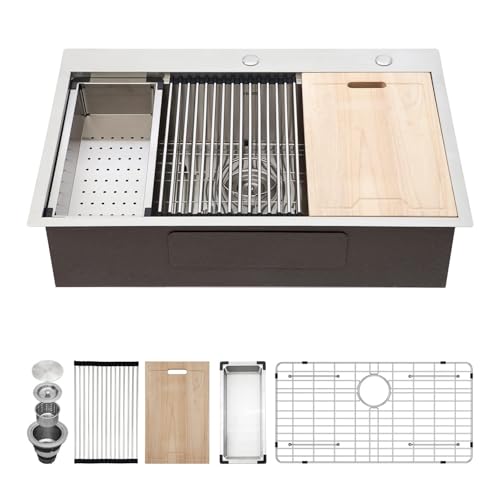 Image of Kichae 30 Kitchen Sink Drop In - 30 x 22 Drop Sink Stainless Steel 16 Gauge Ledge Workstation Single Bowl Topmount Over Mount Kitchen Sink Handmade Basin