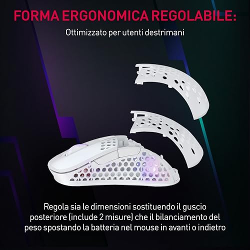 M4 Wireless, Mouse da Gioco Ultraleggero Senza Fili, Ottimizzato per Gaming Competitivo, Wireless 2,4 GHz, Illuminazione RGB, Mouse Ergonomico per Destrimani Adattabile Ricaricabile, Bianco - Mouse gaming - Immagine 4