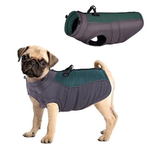 Dog Winter Coat, Waterproof Dog Jacket Vest for Small Dogs Warm Pet Coats with Harness Outdoor Puppy Coat Vest Reflective Winter Dog Clothes Sport for Corgi, French Bulldog (S/32cm, Green)